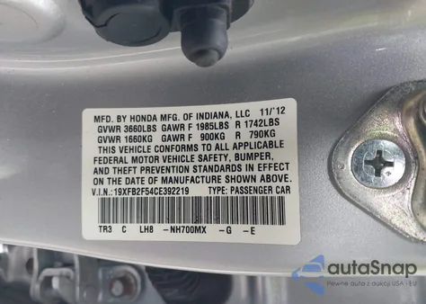 2012 Honda Civic Lx из США, поврежденный, VIN 19XFB2F54CE392219